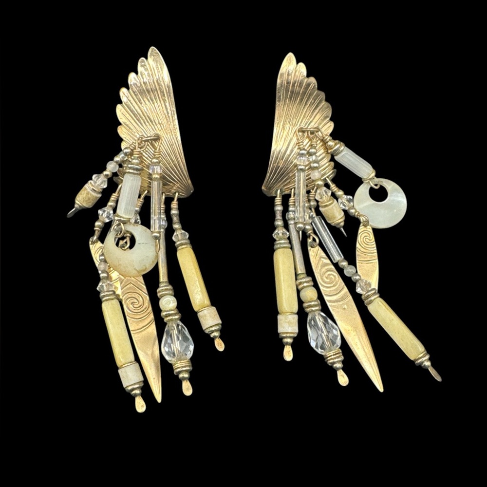 Vintage Tabra 14K GF White Bone Cream Dangle Chandelier Feather Earrings 3.5”
